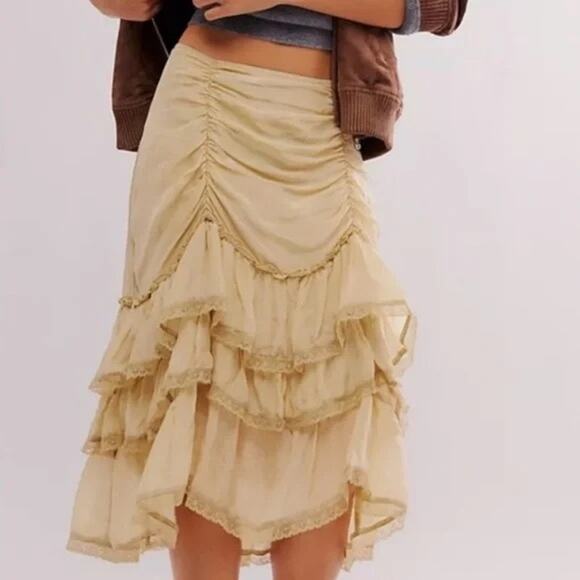 Free People Calliope Ruffle Midi Skirt Tan SMALL NEW Ethereal Western Bohemian - Picture 4 of 6